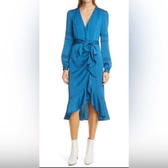 Veronica Beard Teal Miriam Ruffle Wrap Long Sleeve Midi Dress - Picture 4 of 9